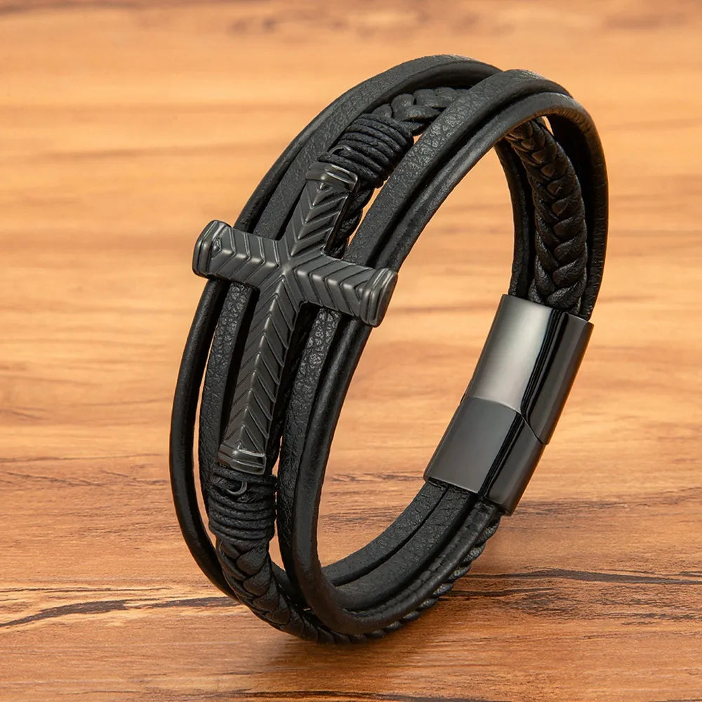 Layered Cross Leather Bracelet