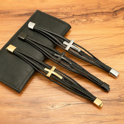 Layered Cross Leather Bracelet